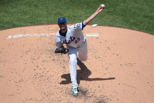 Jul 11, 2024; New York City, New York, USA; New York Mets starting pitcher David Peterson (23) delivers a pitch during the third inning against the Washington Nationals at Citi Field. Mandatory Credit: Vincent Carchietta-USA TODAY Sports