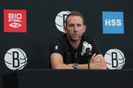 Sep 26, 2022; Brooklyn, NY, USA; Brooklyn Nets general manager Sean Marks talks to the media during media day at HSS Training Center. Mandatory Credit: Vincent Carchietta-USA TODAY Sports