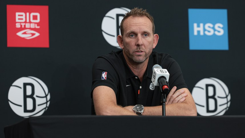 Sep 26, 2022; Brooklyn, NY, USA; Brooklyn Nets general manager Sean Marks talks to the media during media day at HSS Training Center. Mandatory Credit: Vincent Carchietta-USA TODAY Sports