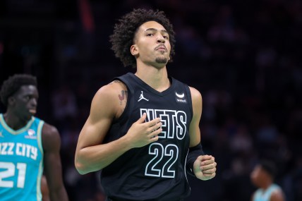 Mar 9, 2024; Charlotte, North Carolina, USA;  Brooklyn Nets forward Jalen Wilson (22) in action against the Charlotte Hornets during the third quarter at Spectrum Center. Mandatory Credit: Cory Knowlton-USA TODAY Sports