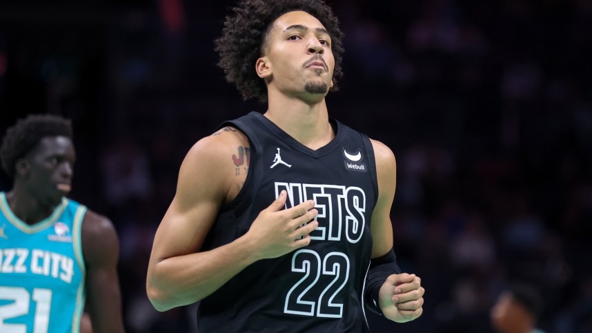 Mar 9, 2024; Charlotte, North Carolina, USA;  Brooklyn Nets forward Jalen Wilson (22) in action against the Charlotte Hornets during the third quarter at Spectrum Center. Mandatory Credit: Cory Knowlton-USA TODAY Sports