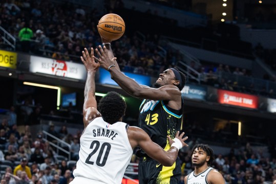 Mar 16, 2024; Indianapolis, Indiana, USA;  Indiana Pacers forward Pascal Siakam (43) shoots the ball while Brooklyn Nets center Day'Ron Sharpe (20) defends in the first half at Gainbridge Fieldhouse. Mandatory Credit: Trevor Ruszkowski-USA TODAY Sports