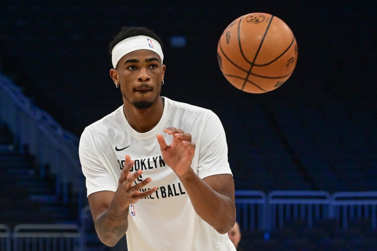 Mar 21, 2024; Milwaukee, Wisconsin, USA; Brooklyn Nets guard Keon Johnson (45) warms up before game against the Milwaukee Bucks at Fiserv Forum. Mandatory Credit: Benny Sieu-USA TODAY Sports