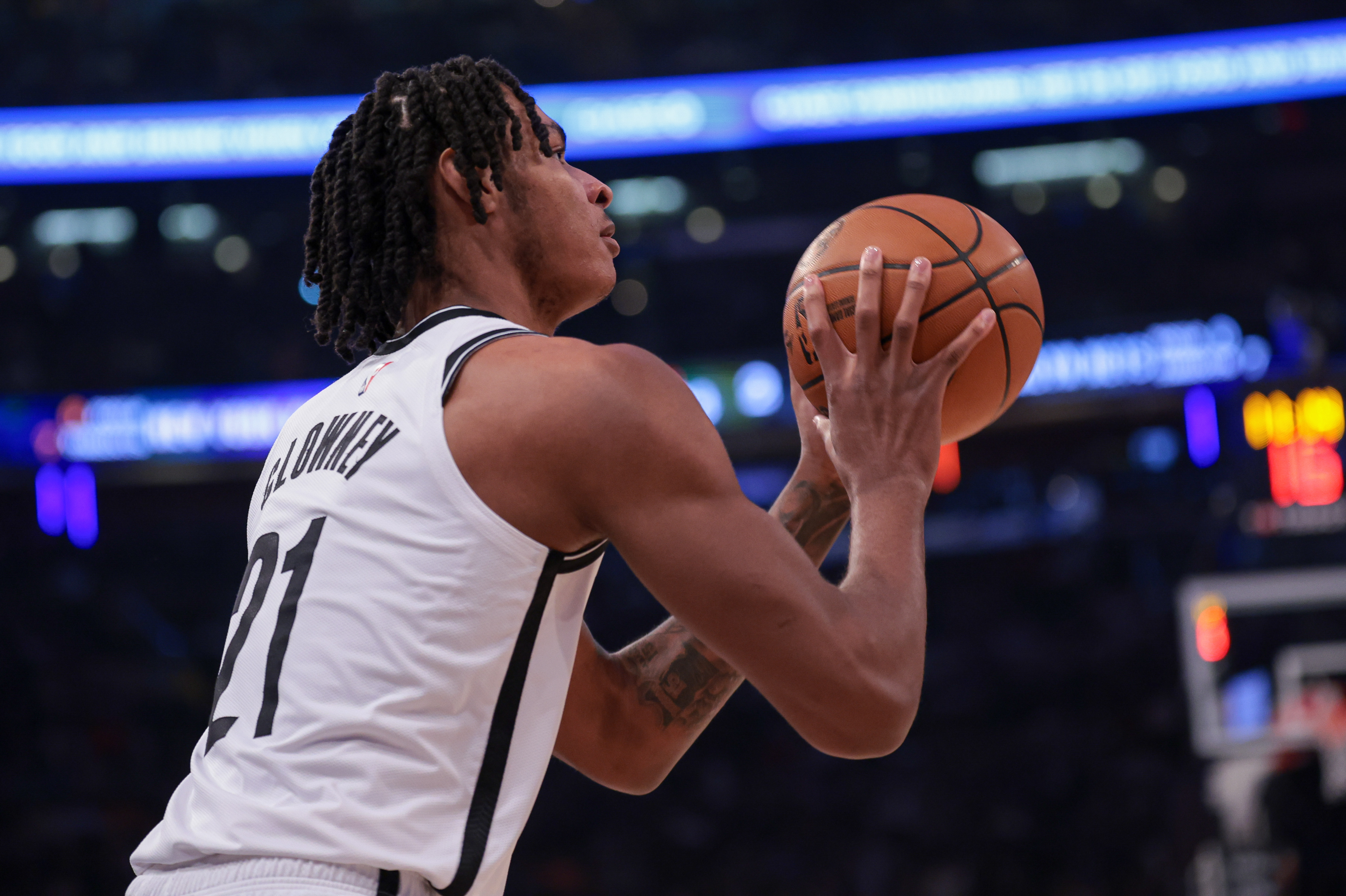 Apr 12, 2024; New York, New York, USA; Brooklyn Nets forward Noah Clowney (21) shoots the ball against the New York Knicks during the first quarter at Madison Square Garden. Mandatory Credit: Vincent Carchietta-USA TODAY Sports