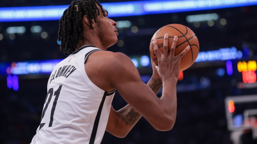 Apr 12, 2024; New York, New York, USA; Brooklyn Nets forward Noah Clowney (21) shoots the ball against the New York Knicks during the first quarter at Madison Square Garden. Mandatory Credit: Vincent Carchietta-USA TODAY Sports