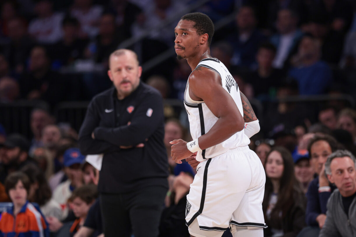 Apr 12, 2024; New York, New York, USA; Brooklyn Nets guard Lonnie Walker IV (8) runs up court after a basket in front of New York Knicks head coach Tom Thibodeau during the first half at Madison Square Garden. Mandatory Credit: Vincent Carchietta-USA TODAY Sports