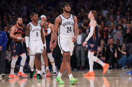 Apr 12, 2024; New York, New York, USA; Brooklyn Nets guard Cam Thomas (24) reacts after fouling New York Knicks guard Jalen Brunson (11) during the second half at Madison Square Garden. Mandatory Credit: Vincent Carchietta-USA TODAY Sports