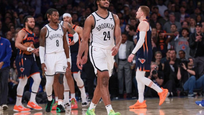 Apr 12, 2024; New York, New York, USA; Brooklyn Nets guard Cam Thomas (24) reacts after fouling New York Knicks guard Jalen Brunson (11) during the second half at Madison Square Garden. Mandatory Credit: Vincent Carchietta-USA TODAY Sports