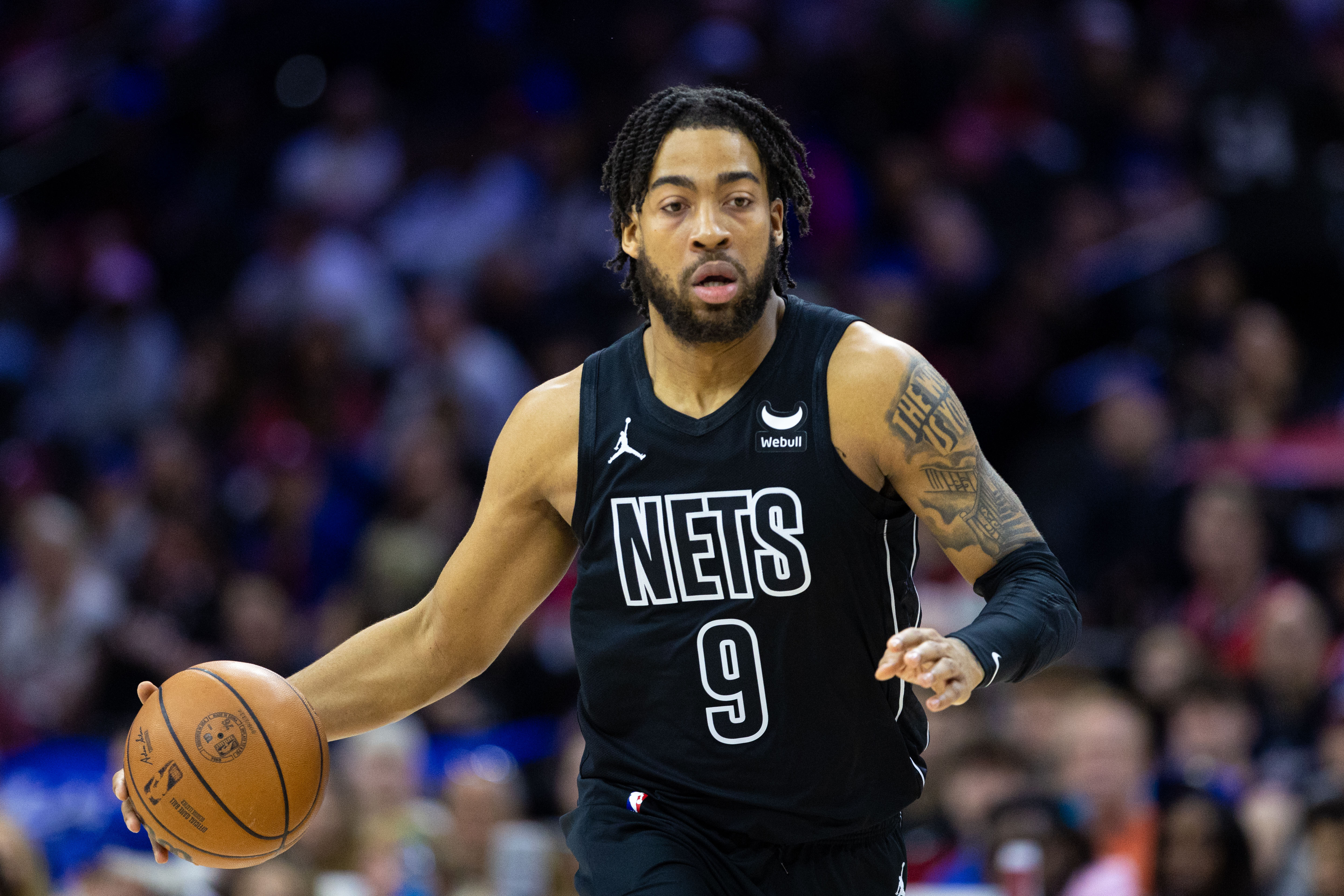 Apr 14, 2024; Philadelphia, Pennsylvania, USA; Brooklyn Nets forward Trendon Watford (9) controls the ball against the Philadelphia 76ers during the first quarter at Wells Fargo Center. Mandatory Credit: Bill Streicher-USA TODAY Sports