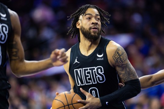 Apr 14, 2024; Philadelphia, Pennsylvania, USA; Brooklyn Nets forward Trendon Watford (9) controls the ball against the Philadelphia 76ers during the first quarter at Wells Fargo Center. Mandatory Credit: Bill Streicher-USA TODAY Sports