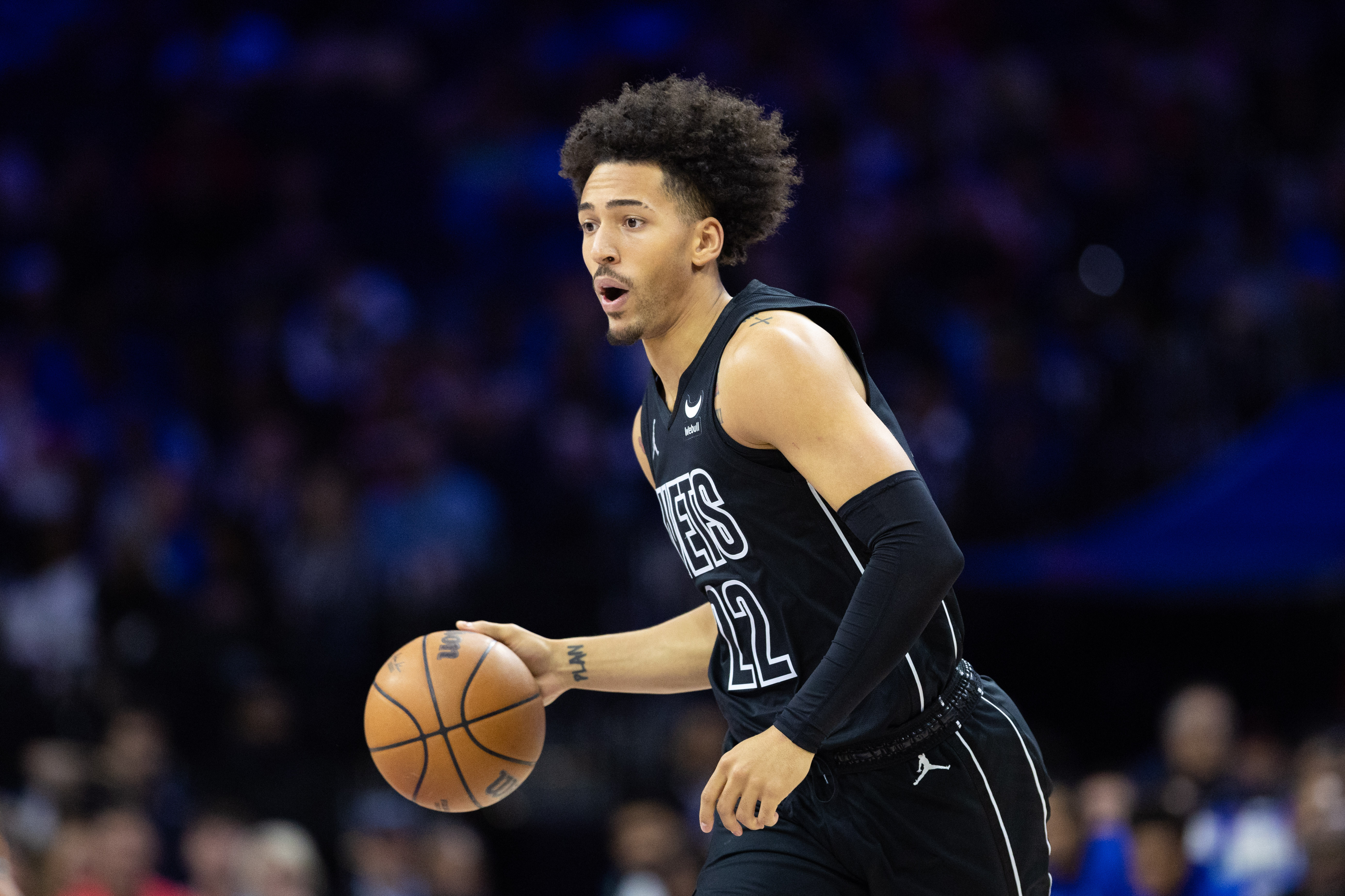 Apr 14, 2024; Philadelphia, Pennsylvania, USA; Brooklyn Nets forward Jalen Wilson (22) dribbles the ball against the Philadelphia 76ers during the first quarter at Wells Fargo Center. Mandatory Credit: Bill Streicher-USA TODAY Sports