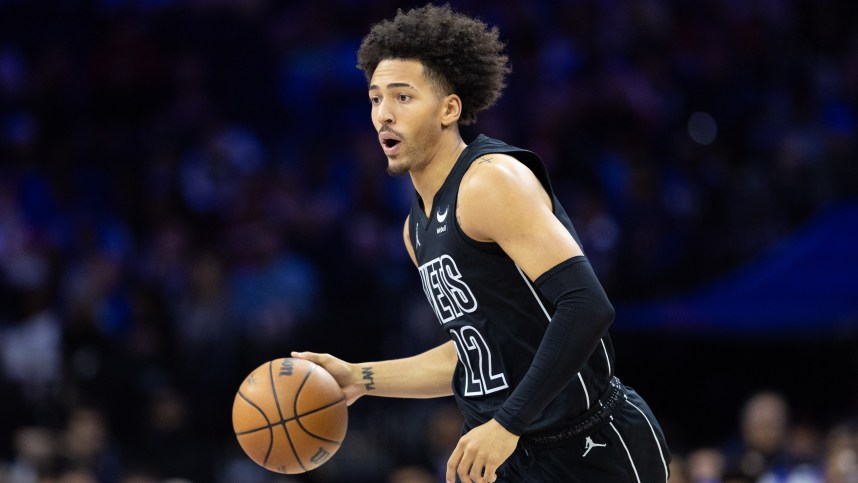 Apr 14, 2024; Philadelphia, Pennsylvania, USA; Brooklyn Nets forward Jalen Wilson (22) dribbles the ball against the Philadelphia 76ers during the first quarter at Wells Fargo Center. Mandatory Credit: Bill Streicher-USA TODAY Sports