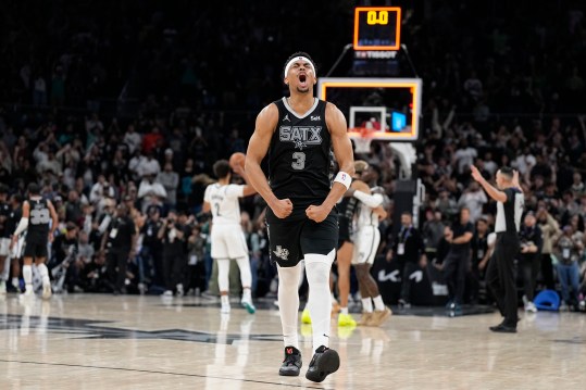 Mar 17, 2024; Austin, Texas, USA; San Antonio Spurs forward Keldon Johnson (3) reacts after an overtime victory over the Brooklyn Nets at Moody Center. Mandatory Credit: Scott Wachter-USA TODAY Sports