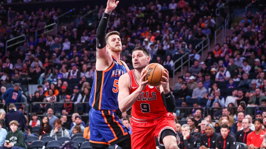 Apr 14, 2024; New York, New York, USA;  Chicago Bulls center Nikola Vucevic (9) and New York Knicks center Isaiah Hartenstein (55) at Madison Square Garden. Mandatory Credit: Wendell Cruz-USA TODAY Sports