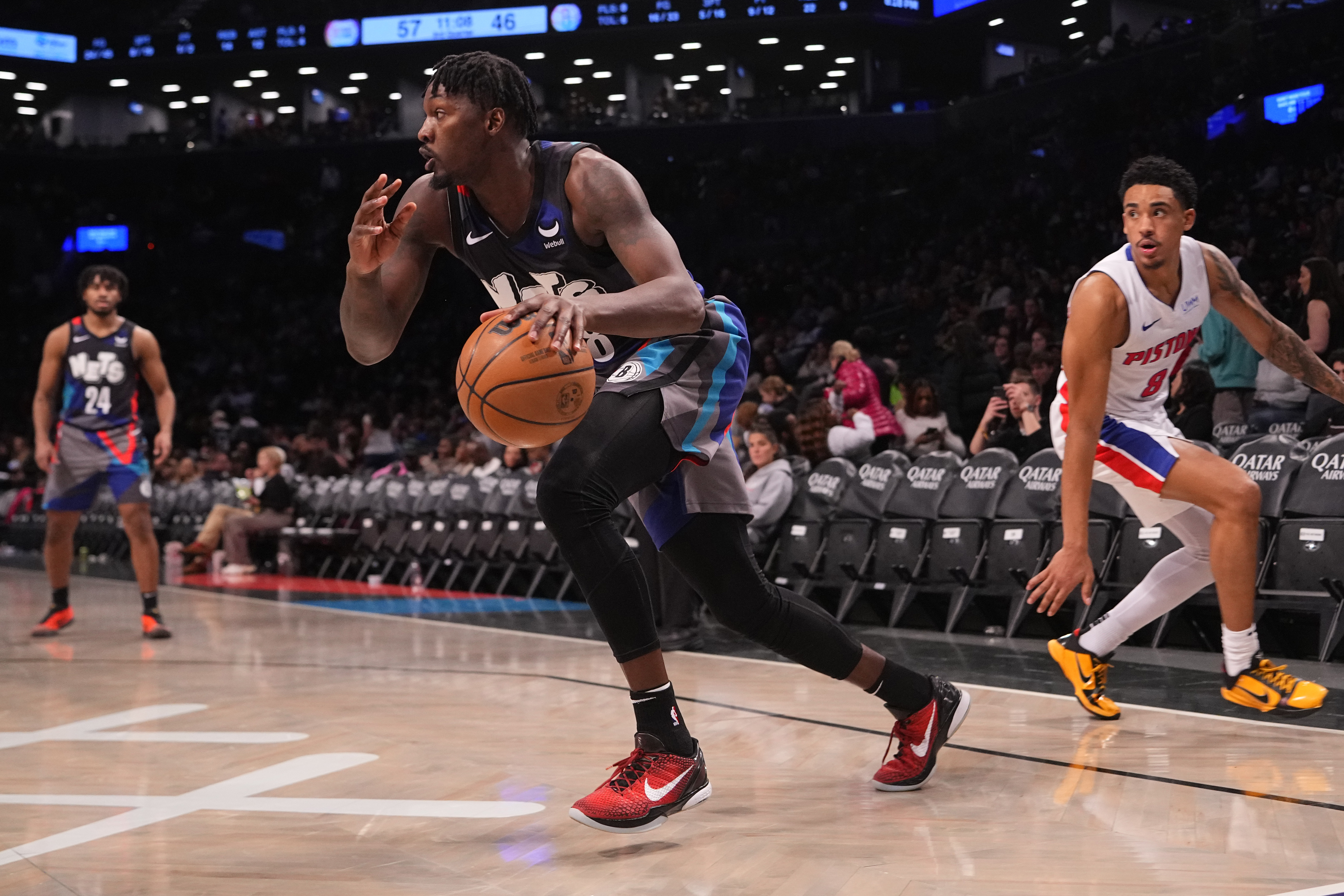 Apr 6, 2024; Brooklyn, New York, USA; Brooklyn Nets power forward Dorian Finney-Smith (28) dribbles the ball against the Detroit Pistons during the second half at Barclays Center. Mandatory Credit: Gregory Fisher-USA TODAY Sports