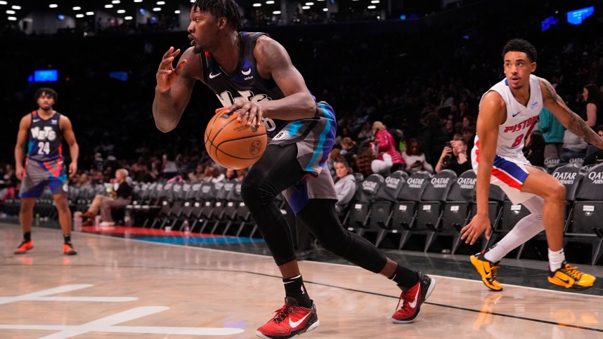 Apr 6, 2024; Brooklyn, New York, USA; Brooklyn Nets power forward Dorian Finney-Smith (28) dribbles the ball against the Detroit Pistons during the second half at Barclays Center. Mandatory Credit: Gregory Fisher-USA TODAY Sports