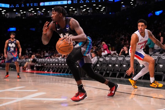 Apr 6, 2024; Brooklyn, New York, USA; Brooklyn Nets power forward Dorian Finney-Smith (28) dribbles the ball against the Detroit Pistons during the second half at Barclays Center. Mandatory Credit: Gregory Fisher-USA TODAY Sports