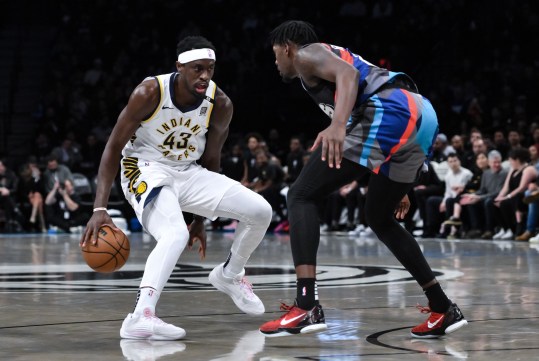 Apr 3, 2024; Brooklyn, New York, USA; Indiana Pacers forward Pascal Siakam (43) makes a move against Brooklyn Nets forward Dorian Finney-Smith (28) during the first quarter at Barclays Center. Mandatory Credit: John Jones-USA TODAY Sports