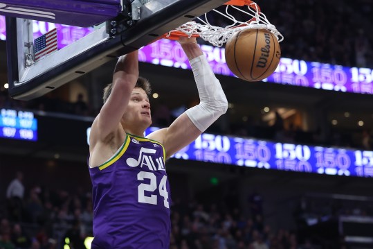 December 13, 2023; Salt Lake City, Utah, USA; Utah Jazz center Walker Kessler (24) dunks the ball against the New York Knicks during the third quarter at the Delta Center. Mandatory Credit: Rob Gray-USA TODAY Sports