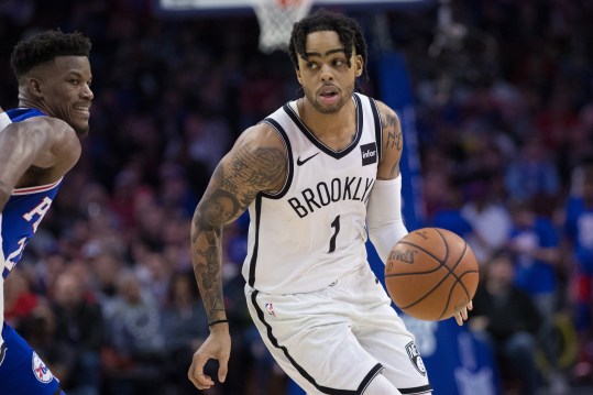 Apr 15, 2019; Philadelphia, PA, USA; Brooklyn Nets guard D'Angelo Russell (1) dribbles against the Philadelphia 76ers during the fourth quarter in game two of the first round of the 2019 NBA Playoffs at Wells Fargo Center. Mandatory Credit: Bill Streicher-USA TODAY Sports