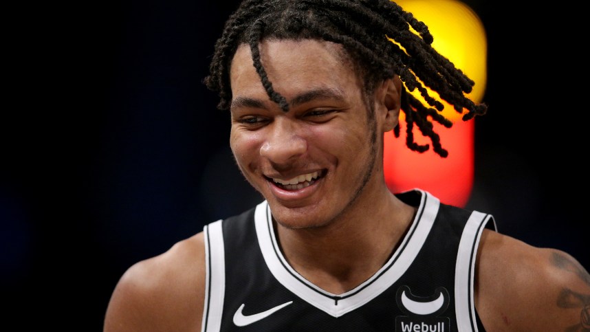 Apr 10, 2024; Brooklyn, New York, USA; Brooklyn Nets forward Noah Clowney (21) during the second quarter against the Toronto Raptors at Barclays Center. Mandatory Credit: Brad Penner-USA TODAY Sports