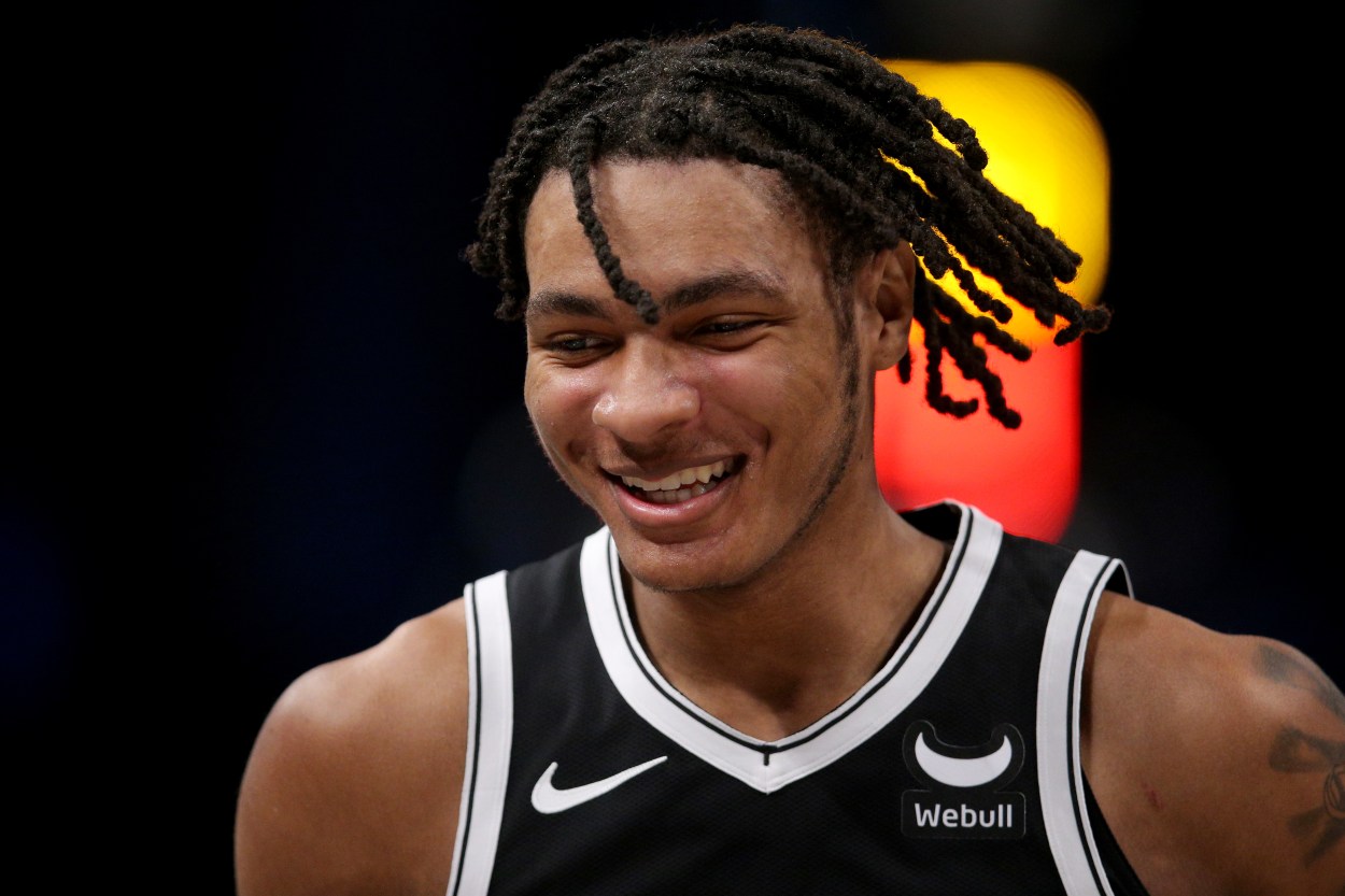 Apr 10, 2024; Brooklyn, New York, USA; Brooklyn Nets forward Noah Clowney (21) during the second quarter against the Toronto Raptors at Barclays Center. Mandatory Credit: Brad Penner-USA TODAY Sports