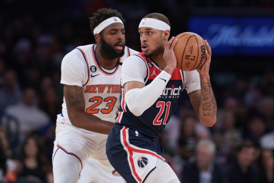 Apr 2, 2023; New York, New York, USA;  Washington Wizards center Daniel Gafford (21) is guarded by New York Knicks center Mitchell Robinson (23) during the first quarter at Madison Square Garden. Mandatory Credit: Vincent Carchietta-USA TODAY Sports