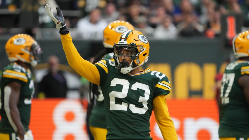 Oct 9, 2022; London, United Kingdom; Green Bay Packers cornerback Jaire Alexander (23) gestures in the fourth quarter against the New York Giants during an NFL International Series game at Tottenham Hotspur Stadium. Mandatory Credit: Kirby Lee-USA TODAY Sports