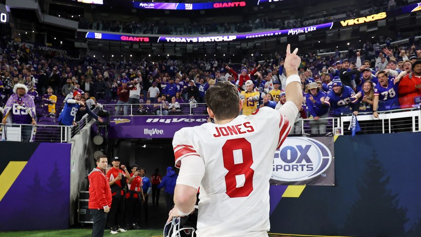 Jan 15, 2023; Minneapolis, Minnesota, USA; New York Giants quarterback Daniel Jones (8) reacts after winning a wild card game against the Minnesota Vikings at U.S. Bank Stadium. Mandatory Credit: Matt Krohn-USA TODAY Sports