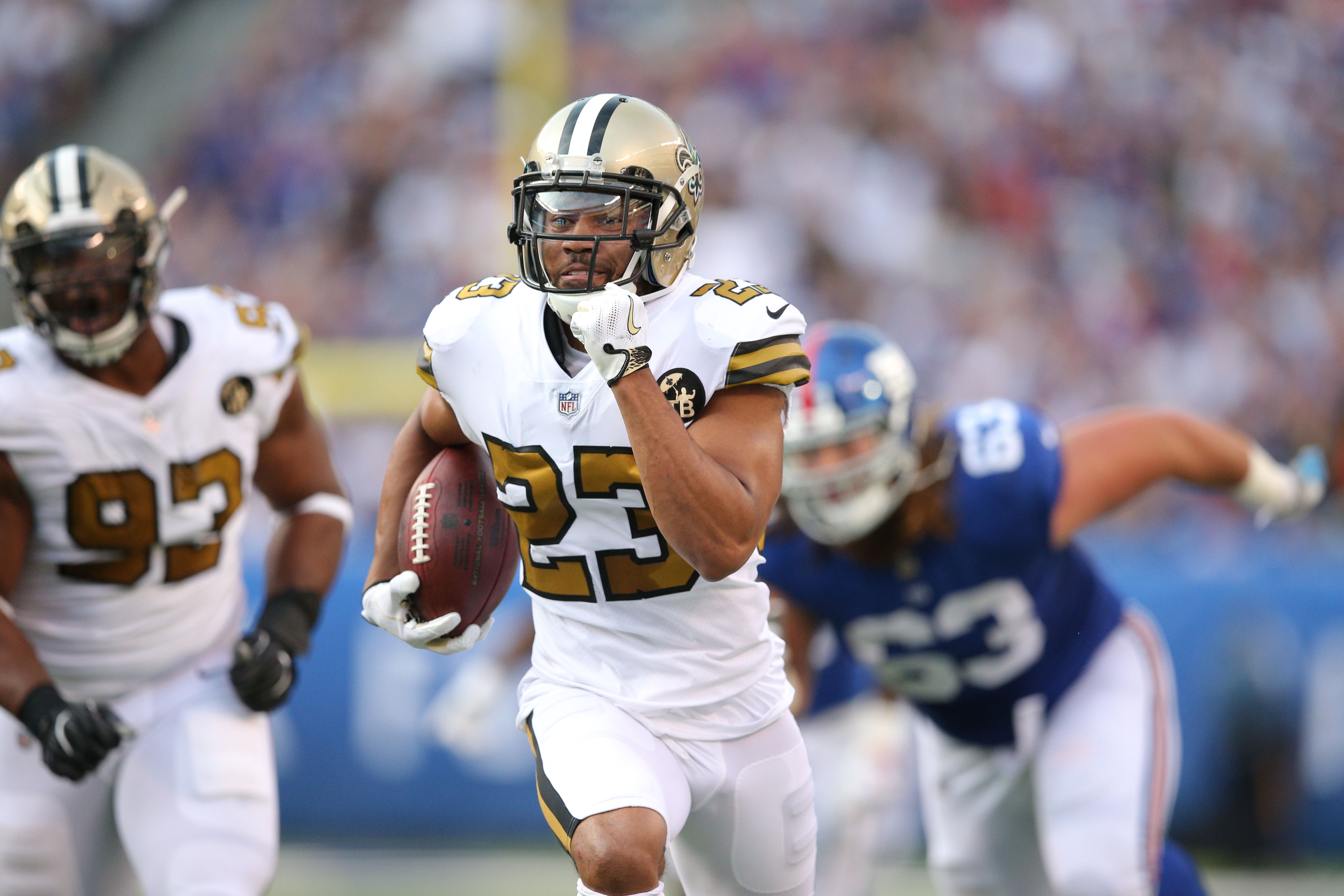 Sep 30, 2018; East Rutherford, NJ, USA; New Orleans Saints cornerback Marshon Lattimore (23) returns a fumble by New York Giants running back Wayne Gallman (not pictured) during the second quarter at MetLife Stadium. Mandatory Credit: Brad Penner-USA TODAY Sports