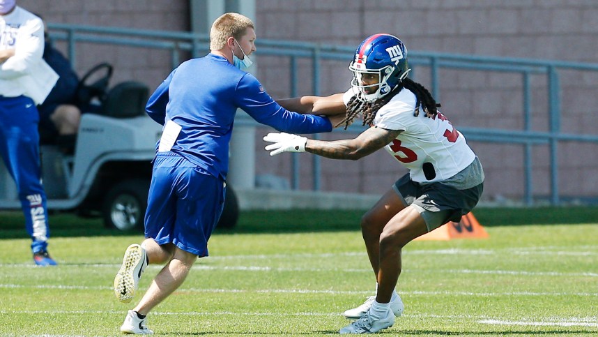 May 14, 2021; East Rutherford, New Jersey, USA; New York Giants cornerback Aaron Robinson (33) works out during rookie minicamp at Quest Diagnostics Training Center. Mandatory Credit: Andy Marlin-USA TODAY Sports