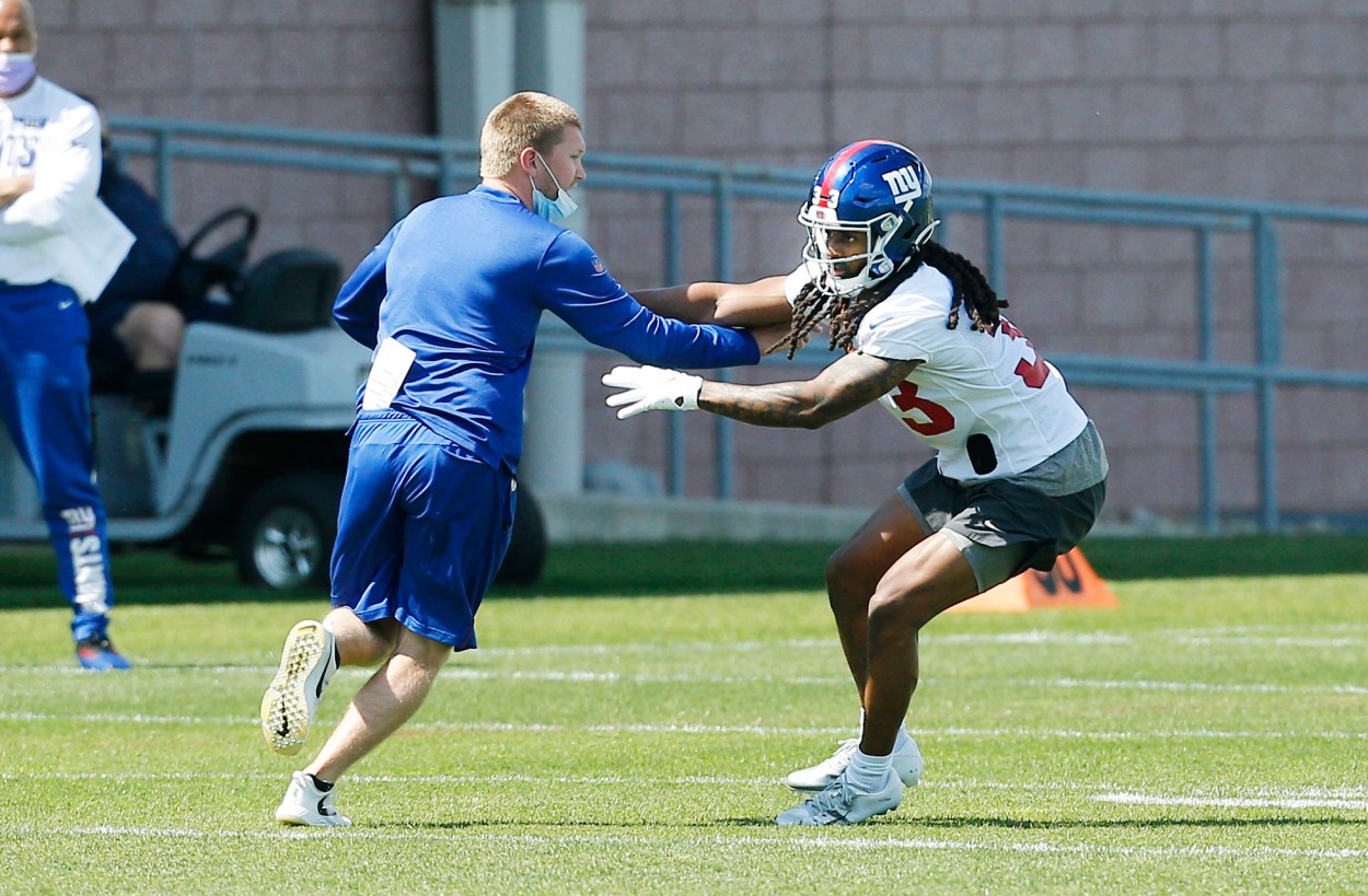 May 14, 2021; East Rutherford, New Jersey, USA; New York Giants cornerback Aaron Robinson (33) works out during rookie minicamp at Quest Diagnostics Training Center. Mandatory Credit: Andy Marlin-USA TODAY Sports