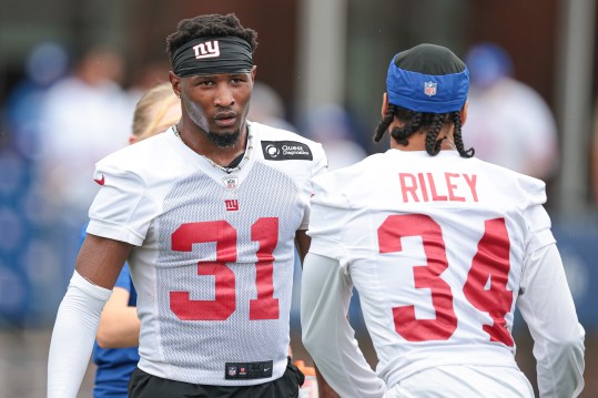 Jul 24, 2024; East Rutherford, NJ, USA; New York Giants safety Tyler Nubin (31) and safety Elijah Riley (34) during training camp at Quest Diagnostics Training Facility. Mandatory Credit: Vincent Carchietta-USA TODAY Sports