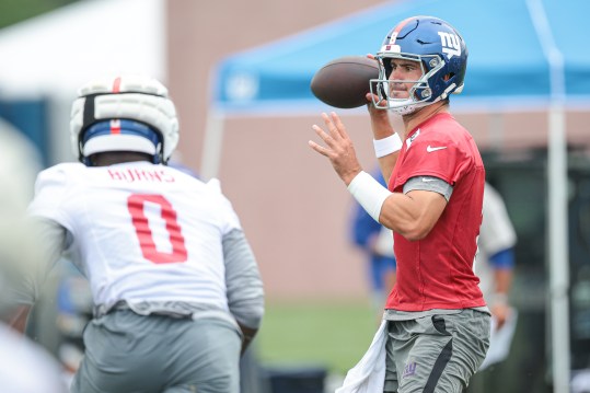 Jul 24, 2024; East Rutherford, NJ, USA; New York Giants quarterback Daniel Jones (8) passes the ball during training camp at Quest Diagnostics Training Facility. Mandatory Credit: Vincent Carchietta-USA TODAY Sports