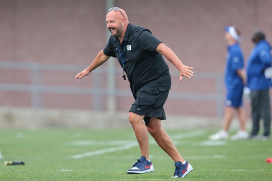 Jul 24, 2024; East Rutherford, NJ, USA; New York Giants head coach Brian Dabol runs across the field during training camp at Quest Diagnostics Training Facility. Mandatory Credit: Vincent Carchietta-USA TODAY Sports