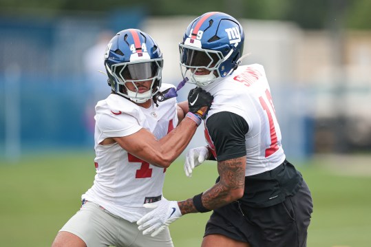 Jul 24, 2024; East Rutherford, NJ, USA; New York Giants cornerback Nick McCloud (44) and safety Isaiah Simmons (19) participates in drills during training camp at Quest Diagnostics Training Facility. Mandatory Credit: Vincent Carchietta-USA TODAY Sports