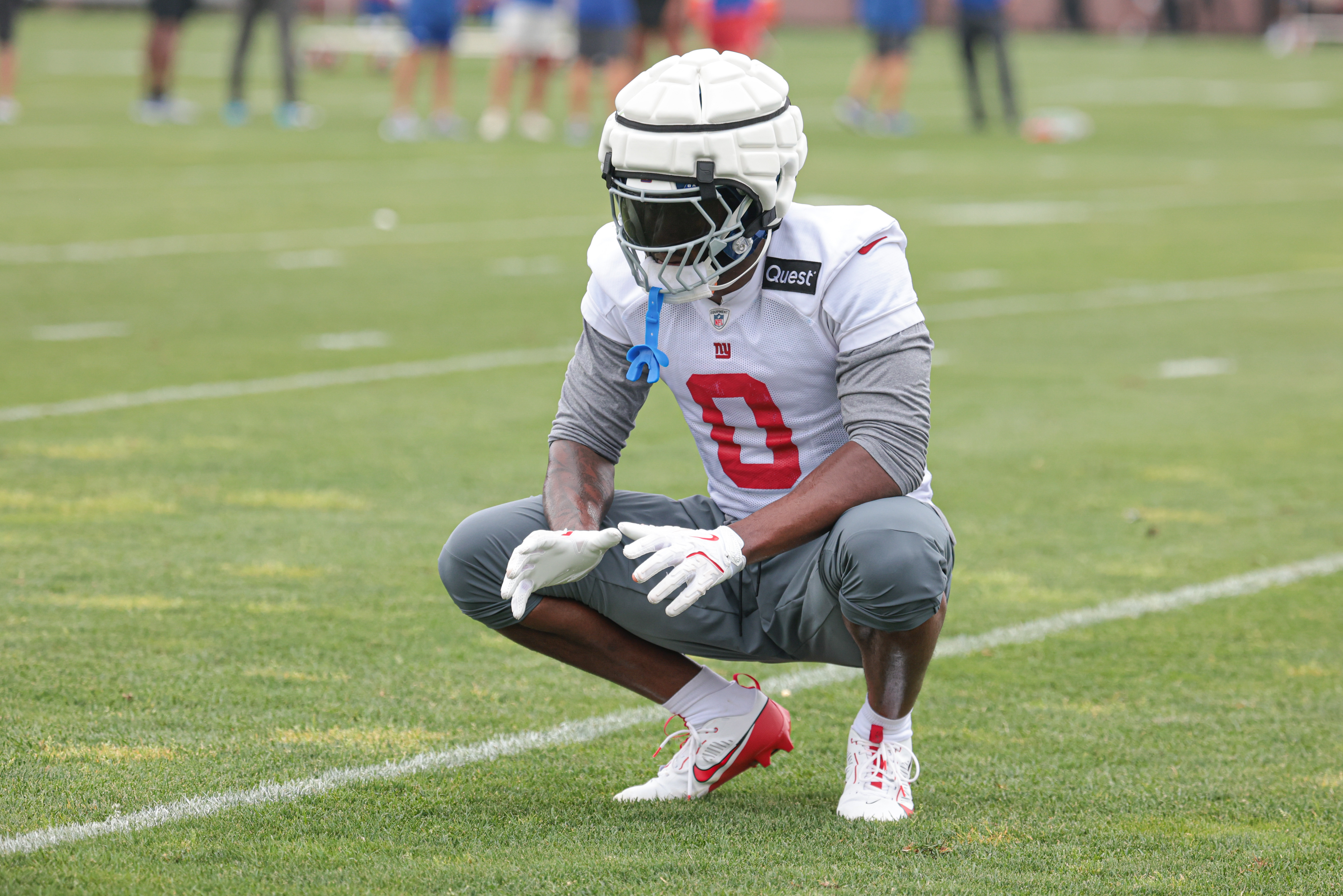 Jul 24, 2024; East Rutherford, NJ, USA; New York Giants linebacker Brian Burns (0) during training camp at Quest Diagnostics Training Facility. Mandatory Credit: Vincent Carchietta-USA TODAY Sports