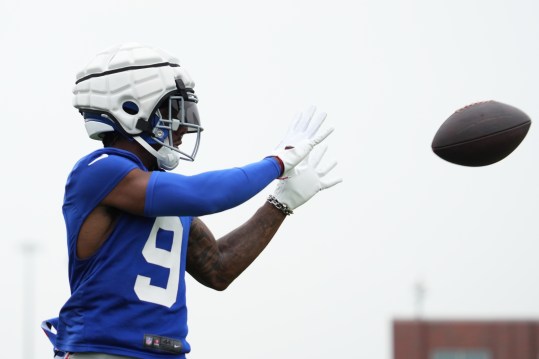 Jul 25, 2024; East Rutherford, NY, USA; New York Giants wide receiver Malik Nabers (9) catches a pass during training camp at Quest Diagnostics Training Center. Mandatory Credit: Lucas Boland-USA TODAY Sports