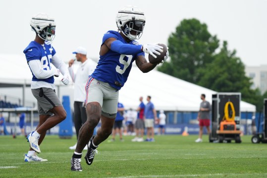 Jul 25, 2024; East Rutherford, NY, USA; New York Giants wide receiver Malik Nabers (9) catches a pass during training camp at Quest Diagnostics Training Center. Mandatory Credit: Lucas Boland-USA TODAY Sports