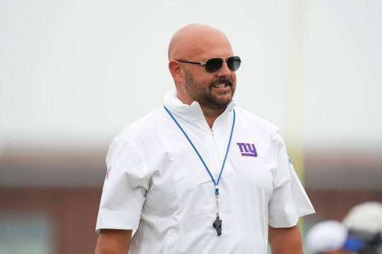 Jul 25, 2024; East Rutherford, NY, USA; New York Giants head coach Brian Daboll directs players during training camp at Quest Diagnostics Training Center. Mandatory Credit: Lucas Boland-USA TODAY Sports