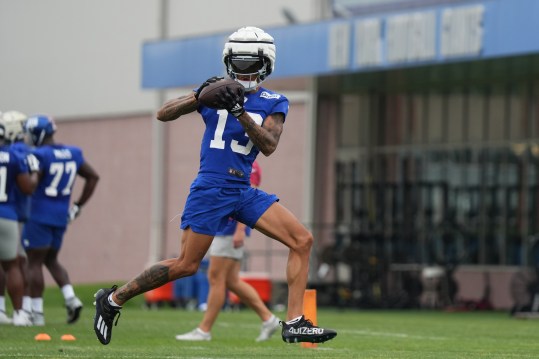 Jul 25, 2024; East Rutherford, NY, USA; New York Giants wide receiver Jalin Hyatt (13) catches a pass during training camp at Quest Diagnostics Training Center. Mandatory Credit: Lucas Boland-USA TODAY Sports