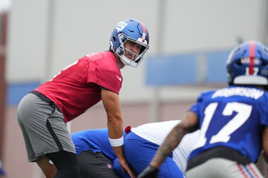 Jul 25, 2024; East Rutherford, NY, USA; New York Giants quarterback Daniel Jones (8) waits for a snap during training camp at Quest Diagnostics Training Center. Mandatory Credit: Lucas Boland-USA TODAY Sports