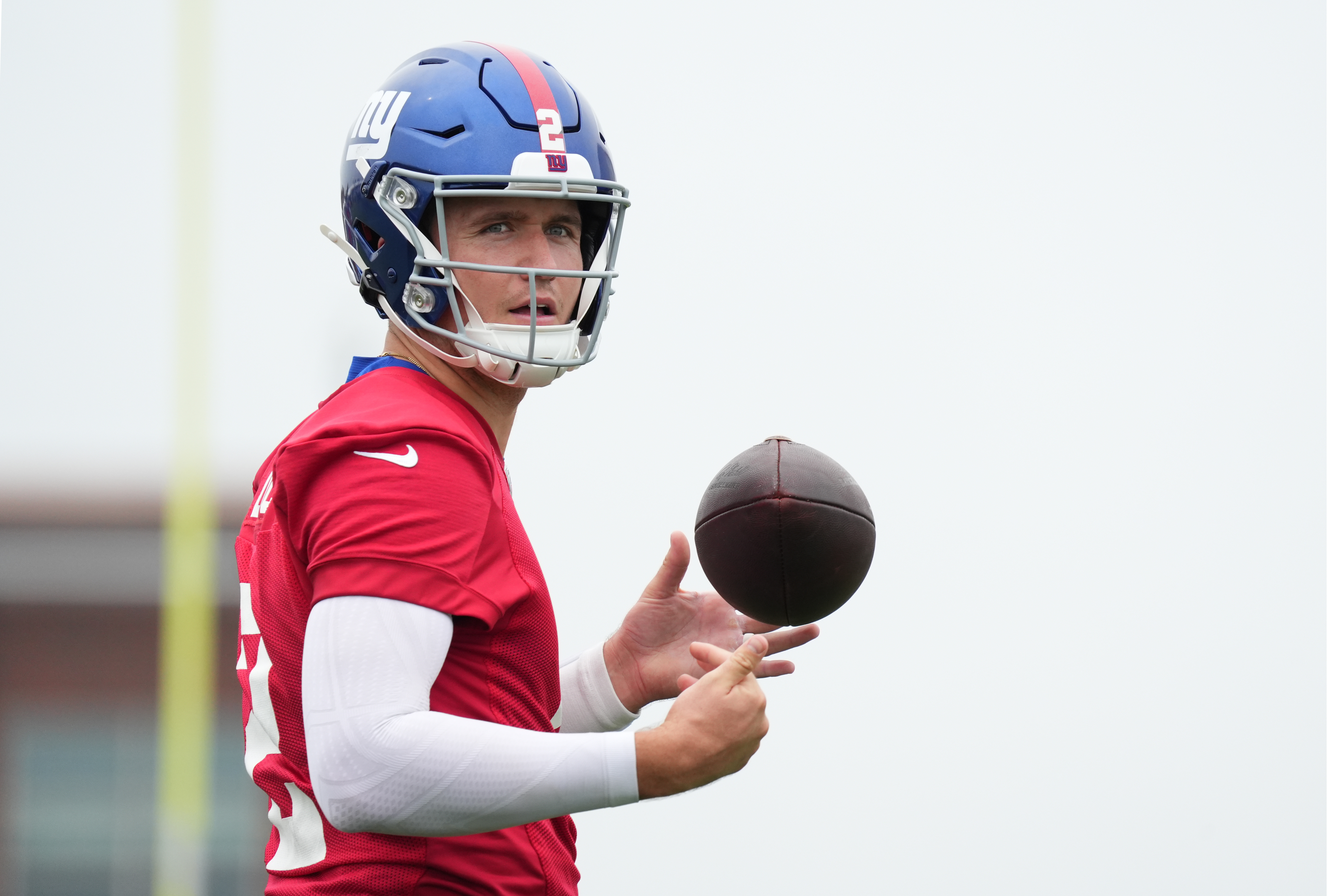 Jul 25, 2024; East Rutherford, NY, USA; New York Giants quarterback Drew Lock (2) looks on during training camp at Quest Diagnostics Training Center. Mandatory Credit: Lucas Boland-USA TODAY Sports