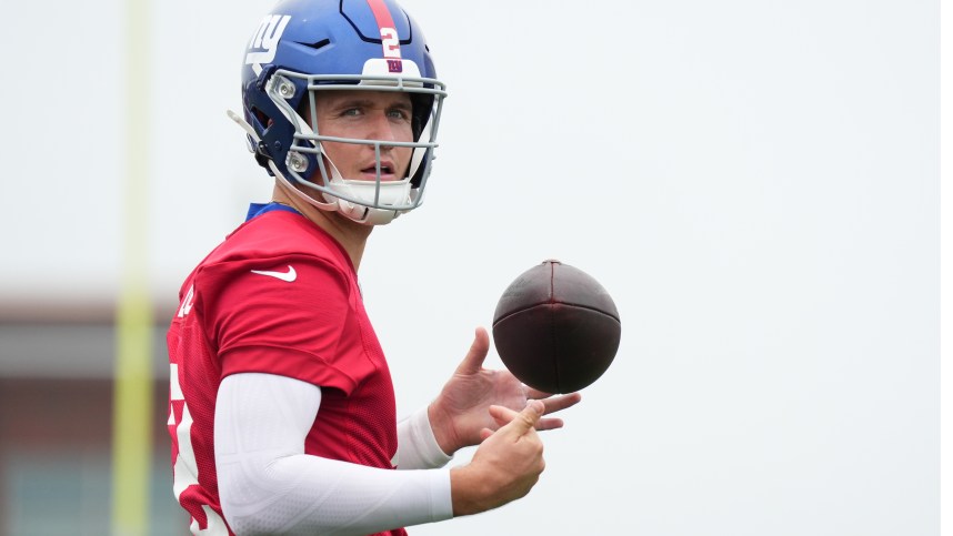 Jul 25, 2024; East Rutherford, NY, USA; New York Giants quarterback Drew Lock (2) looks on during training camp at Quest Diagnostics Training Center. Mandatory Credit: Lucas Boland-USA TODAY Sports