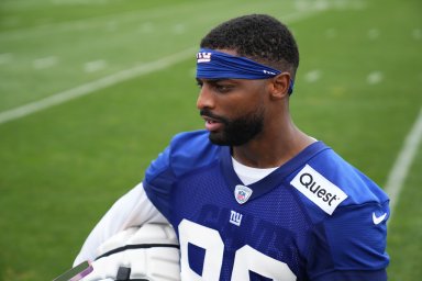 Jul 25, 2024; East Rutherford, NY, USA; New York Giants wide receiver Darius Slayton (86) gives an interview after training camp at Quest Diagnostics Training Center. Mandatory Credit: Lucas Boland-USA TODAY Sports