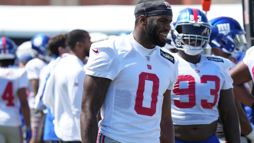 Jul 26, 2024; East Rutherford, NJ, USA; New York Giants linebacker Brian Burns (0) walks the sideline during training camp at Quest Diagnostics Training Center. Mandatory Credit: Lucas Boland-USA TODAY Sports