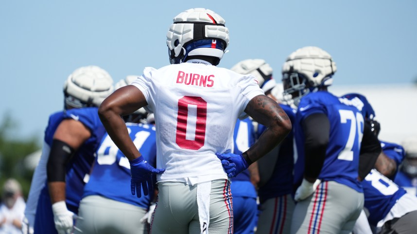 Jul 26, 2024; East Rutherford, NJ, USA; New York Giants linebacker Brian Burns (0) looks on during training camp at Quest Diagnostics Training Center. Mandatory Credit: Lucas Boland-USA TODAY Sports