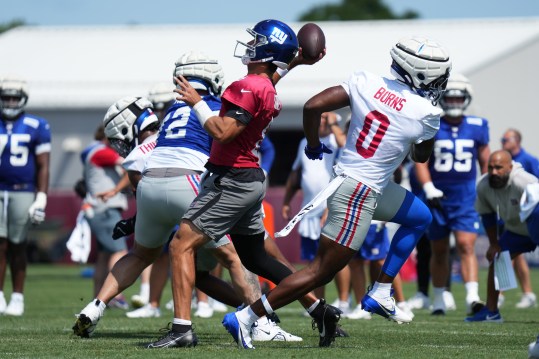 Jul 26, 2024; East Rutherford, NJ, USA; New York Giants quarterback Daniel Jones (8) passes during training camp at Quest Diagnostics Training Center. Mandatory Credit: Lucas Boland-USA TODAY Sports