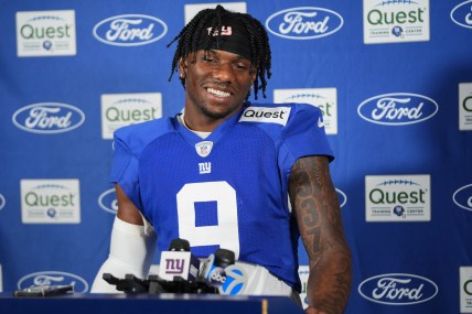 Jul 26, 2024; East Rutherford, NJ, USA; New York Giants wide receiver Malik Nabers (9) speaks at a press conference after training camp at Quest Diagnostics Training Center. Mandatory Credit: Lucas Boland-USA TODAY Sports