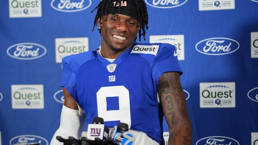 Jul 26, 2024; East Rutherford, NJ, USA; New York Giants wide receiver Malik Nabers (9) speaks at a press conference after training camp at Quest Diagnostics Training Center. Mandatory Credit: Lucas Boland-USA TODAY Sports